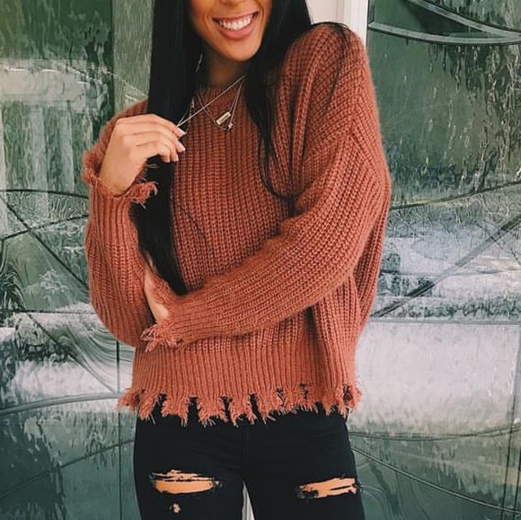 MODA ME COUTURE Sweaters - CASUAL DOLLZ Distressed Sweater - Brick